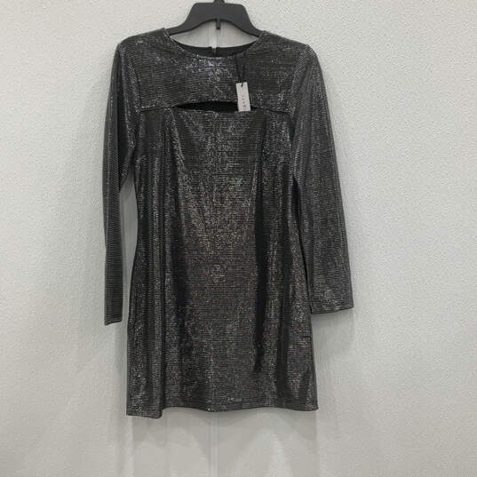 NWT Womens Silver Black Crew Neck Cutout Long Sleeve Mini Dress Size S image number 1