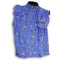 Womens Blue Ruffle Sleeve Smocked Mock Neck Key Hole Back Blouse Top Size M image number 2
