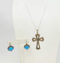 Mexican Modernist 925 Sterling Silver Faux Turquoise Drop Earrings & Cross Pendant On Box Chain Necklace 21.1g