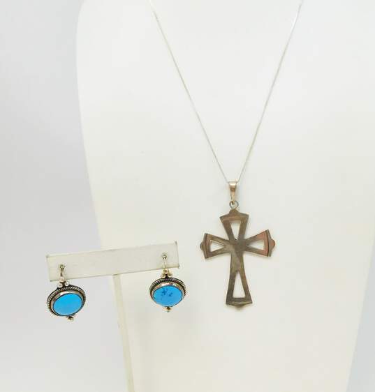 Mexican Modernist 925 Sterling Silver Faux Turquoise Drop Earrings & Cross Pendant On Box Chain Necklace 21.1g image number 1