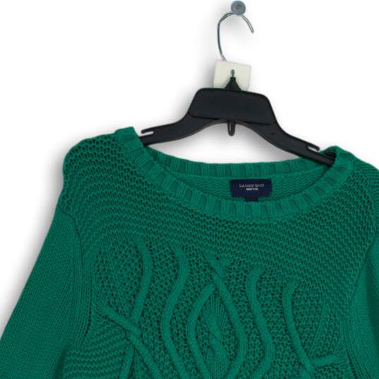 Lands' End Womens Green Cable Knit Round Neck Long Sleeve Pullover Sweater Sz L image number 3