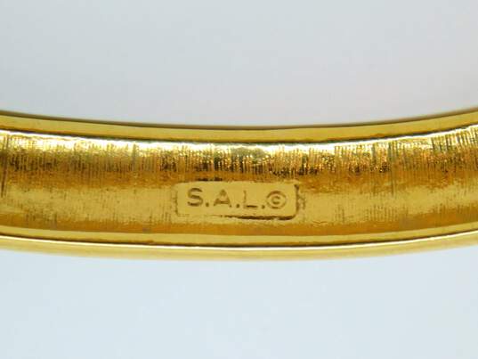 Vintage SAL Swarovski Icy Crystal Black Enamel & Gold Tone Drop Earring Brooch & Hinged Bangle Bracelet 64.1g image number 6