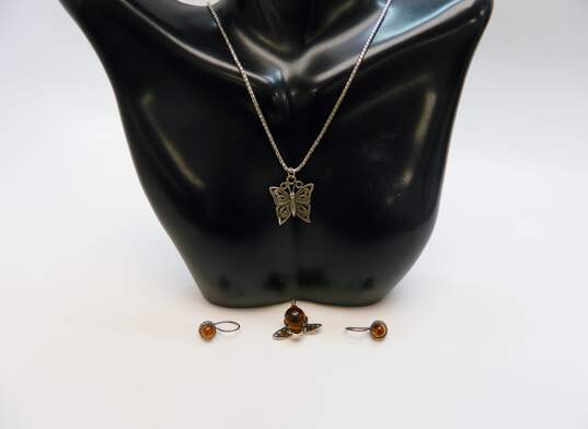Sterling Silver Amber Bee Scroll Butterfly Necklaces & Dotted Earrings 13.2g image number 1
