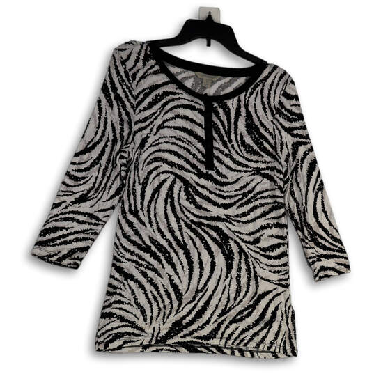 Womens Black White Animal Print  Long Sleeve Round Neck Tunic Top Size S image number 3