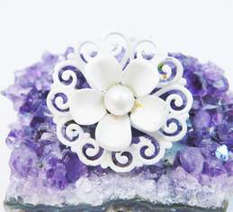 Vintage White Enamel Faux Pearl & Colorful Rhinestone Flower Clip-On Earrings & Brooches 53.2g alternative image