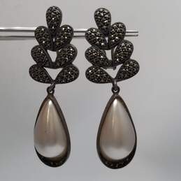 Sterling Silver Faux Pearl Marcasite 2 5/8inch Drop Dangle Earrings 21.9g alternative image