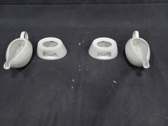 Bundle of Four Over and Back White Ceramic Stoneware Gravy Boats with Warmers image number 3