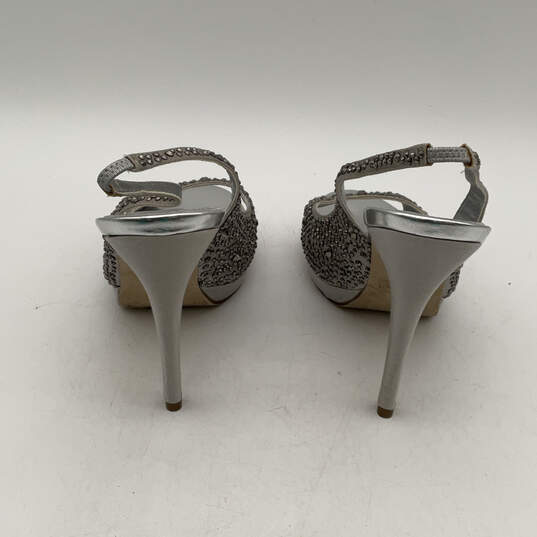 Womens Silver Leather Rhinestone Peep Toe Stiletto Slingback Heels Size 7 image number 3