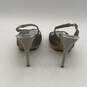 Womens Silver Leather Rhinestone Peep Toe Stiletto Slingback Heels Size 7 image number 3