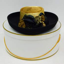 Whittail & Shon Wool Doeskin Felt Bollman Hat Co Black & Gold Sequin  Rose Accent Women's Hat W/ Box