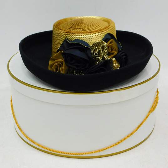Whittail & Shon Wool Doeskin Felt Bollman Hat Co Black & Gold Sequin  Rose Accent Women's Hat W/ Box image number 1