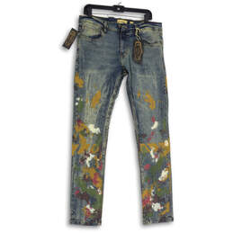 NWT Mens Blue Denim Paint Splatter 5-Pocket Design Straight Leg Jeans Sz 34