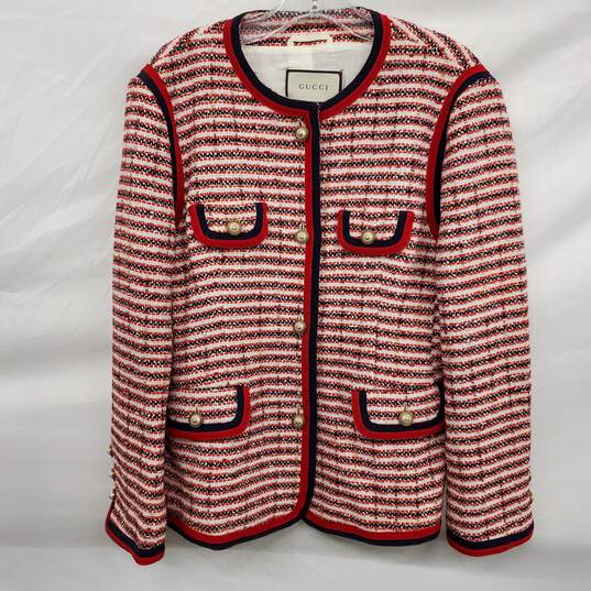 Gucci Women's Red Striped Tweed Wool Evening Jacket Size 48 AUTHENTICATED image number 1