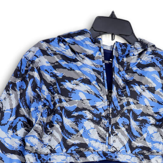 Mens Blue Camouflage Hooded Long Sleeve Pullover Windbreaker Jacket Size S image number 3