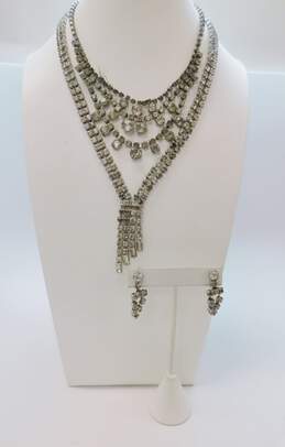 Vintage Icy Rhinestone Statement Necklaces & Screw Back Earrings 80.5g