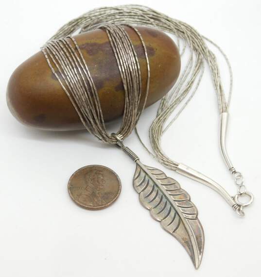 Artisan 925 Southwestern Stamped Feather Pendant Multi Strand Liquid Silver Chain Necklace 16.6g image number 5