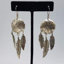 Sterling Mexico TV-42 3 1/8" Stamped Concho & Feather Dangle Earrings 20.0g