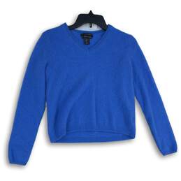 Tahari Womens Blue Cashmere Knitted Long Sleeve V-Neck Pullover Sweater Size XL