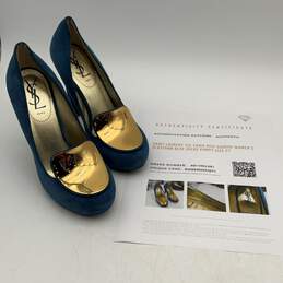Yves Saint Laurent Womens Rive Gauche Blue Suede Platform Pump Heels 37 w/ COA