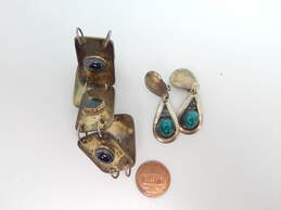 Rustic 925 Cabochon Teardrops Clip On Earrings & Modernist Labradorite Malachite Tigers Eye Agate Nephrite & Lapis Paneled Bracelet 43.8g alternative image
