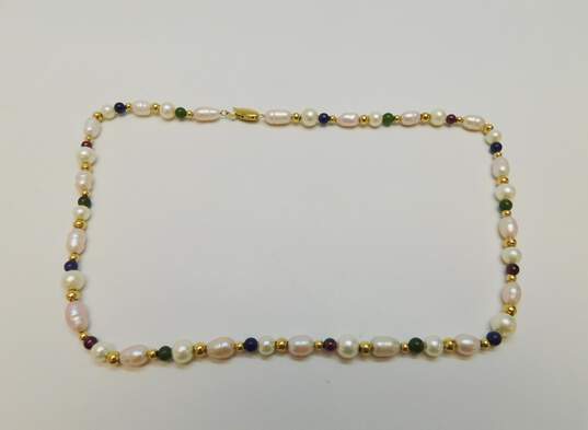 Vintage 14K Yellow Gold Pearl & Colorful Beaded Necklace 16.8g image number 3