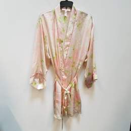 Womens Multicolor Floral Stain Long Sleeve Front Knot Kimono Robe Size M