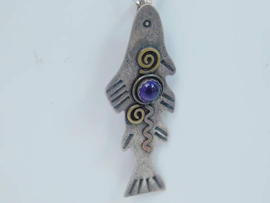 Southwestern Signed 925 Copper & Brass Amethyst Fish Pendant Brooch Necklace 8.3g image number 4