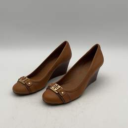 Tory Burch Womens Brown Leather Monogram Slip On Wedge Pump Heels Size 8.5