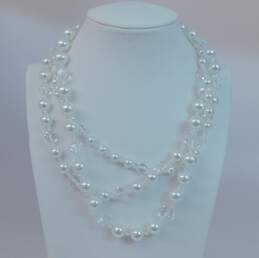 KJL Kenneth Jay Lane Silvertone Faceted Crystals & White Faux Pearls Beaded Three Strand Necklace 141.6g