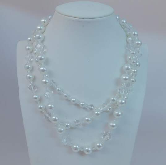 KJL Kenneth Jay Lane Silvertone Faceted Crystals & White Faux Pearls Beaded Three Strand Necklace 141.6g image number 1