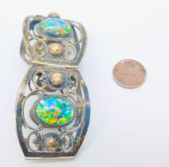 Vintage Taxco Mexico 925 Green Dichroic Art Glass Oval Cabochons & Domes Open Scrolled Wide Paneled Bracelet 42.5g image number 6