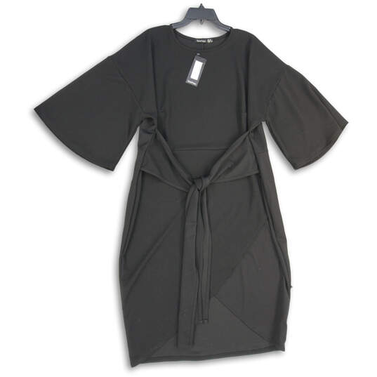 NWT Womens Black Short Sleeve Crew Neck Tie Waist Pullover Wrap Dress Sz 22 image number 1