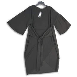 NWT Womens Black Short Sleeve Crew Neck Tie Waist Pullover Wrap Dress Sz 22