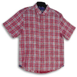 Mens Pink Plaid Spread Collar Short Sleeve Button-Up Shirt Size Medium