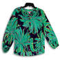 Womens Green Pink Floral Split Neck Long Sleeve Pullover Blouse Top Size S image number 1