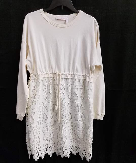 Womens Snow White Lace Cotton Long Sleeve Crew Neck Mini Dress Size Small image number 1
