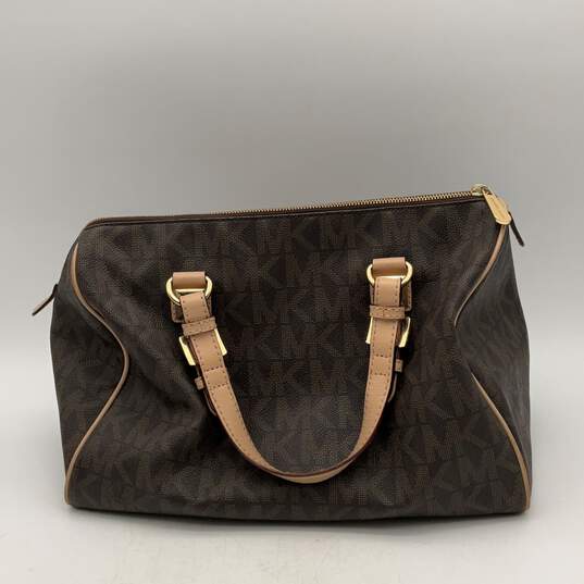Michael Kors Womens Brown Beige Leather Monogram Bag Charm Bottom Stud Tote Bag image number 2
