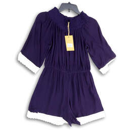 NWT Womens Purple White 3/4 Sleeve Round Neck One-Piece Romper Size Small