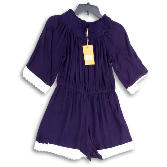 NWT Womens Purple White 3/4 Sleeve Round Neck One-Piece Romper Size Small image number 1