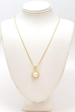14K Yellow Gold Pearl 0.40 CTTW Diamond Halo Pendant Necklace 5.6g