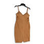 Womens Beige Sleeveless Spaghetti Strap Back Zip Cut Out Bodycon Dress Sz L image number 4