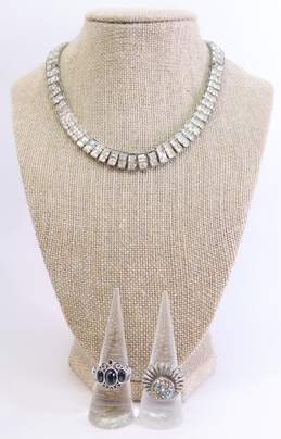 Vintage Silvertone Icy Rhinestones Chain Collar Necklace & Black Cobochons & Aurora Borealis Sunburst Rings 55.3g