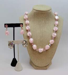 Vintage Bergere & Coro Goldtone Pink Aurora Borealis Crystals & Plastic Beaded Necklace & Matching Drop & Rhinestone Leaf Clip On Earrings 82.3g