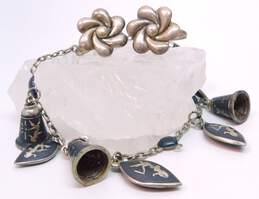 Vintage & Siam Sterling 925 Repousse Flower Screw Back Earrings & Niello Etched Dancers Leaf & Bell Charms Bracelet 20.8g