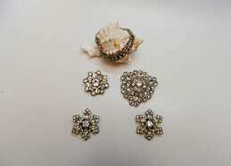 Vintage Silvertone Icy Rhinestones Snowflake Clip On Earrings Flower & Triangle Cluster Brooches & Bracelet 62.2g