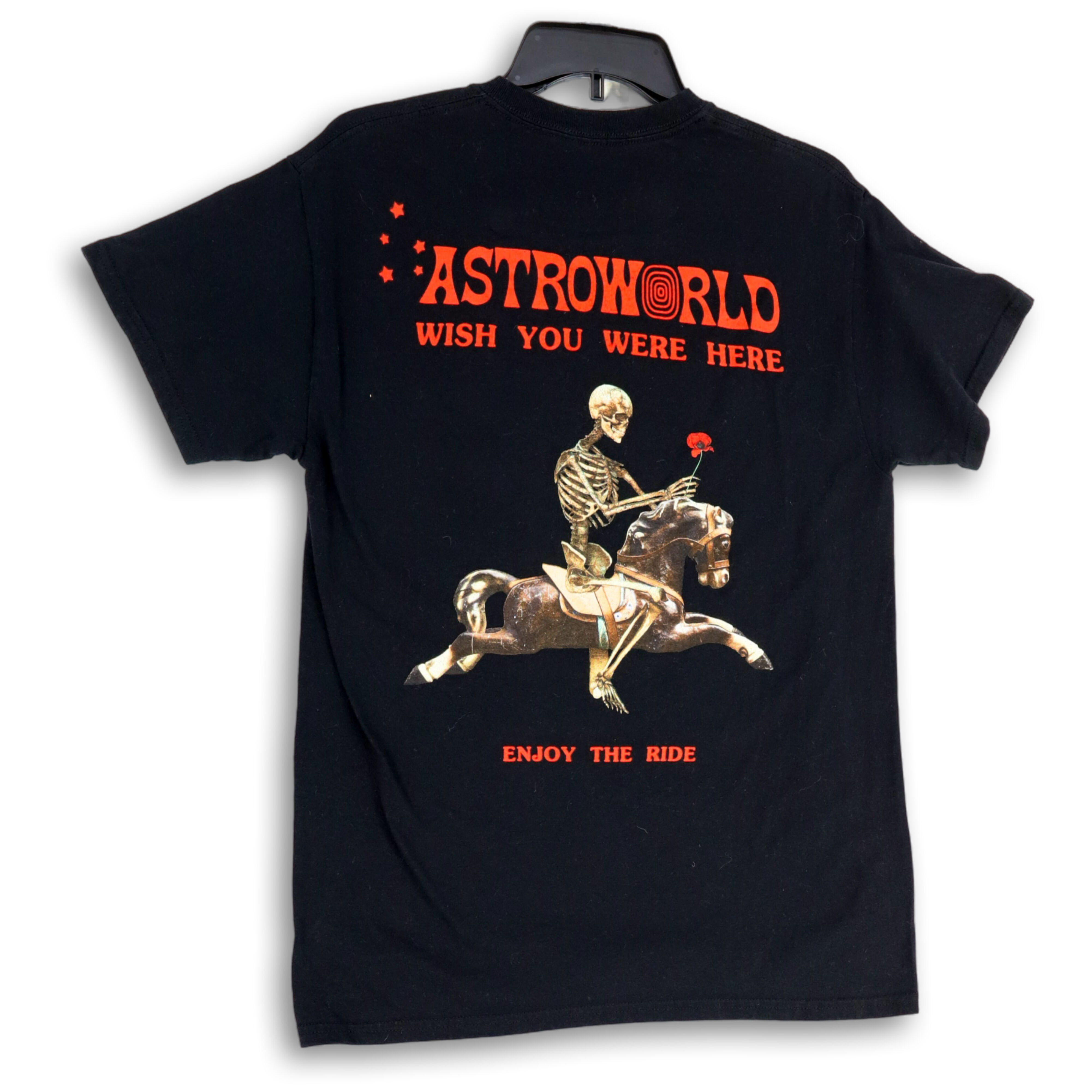 Buy the Womens Black Short Sleeve Crew Neck Pullover Astroworld T
