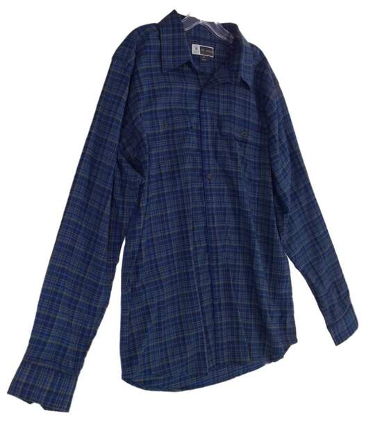 Men Blue Plaid Long Sleeve Front Pocket Button Up Shirt Size Large image number 2