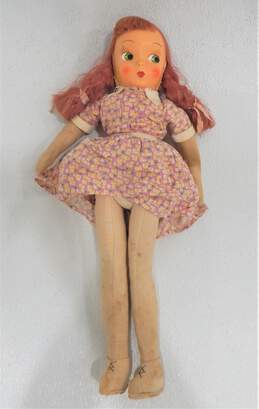 Vntg Celluloid Face Cloth Body Jointed Doll Red Pigtails