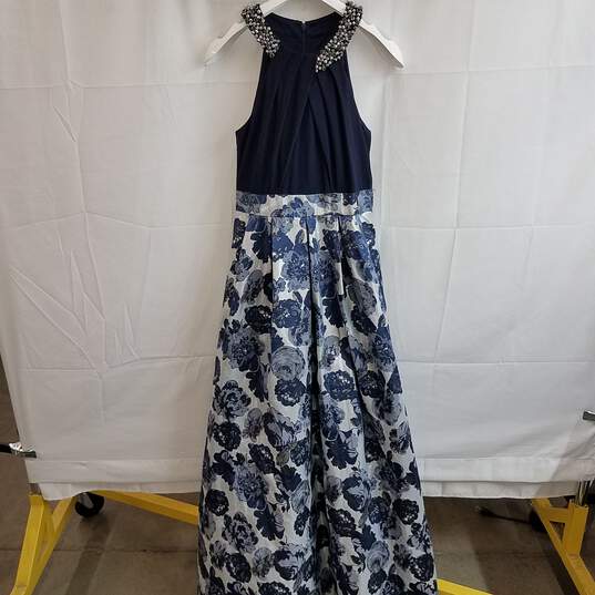 Eliza J navy floral jacquard beaded halter ball gown dress 8 image number 3