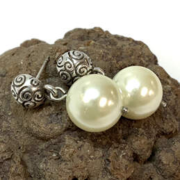 Designer Brighton Silver-Tone Engraved Fashionable Pearl Drop Earrings alternative image